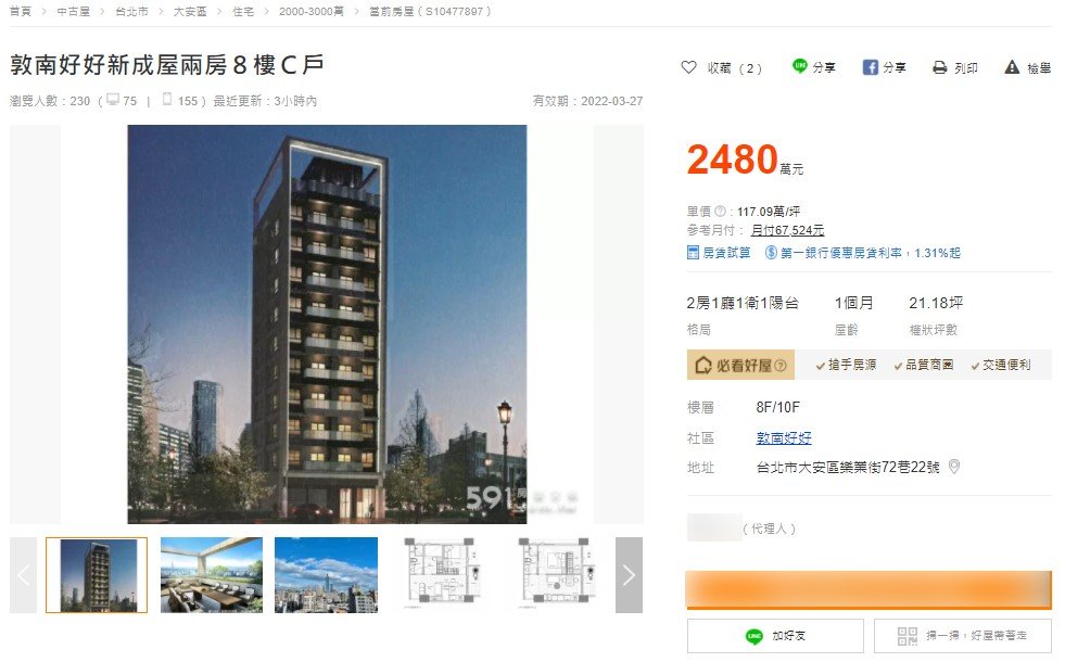 21坪開價2480萬元。（圖／翻攝自591房屋交易網）