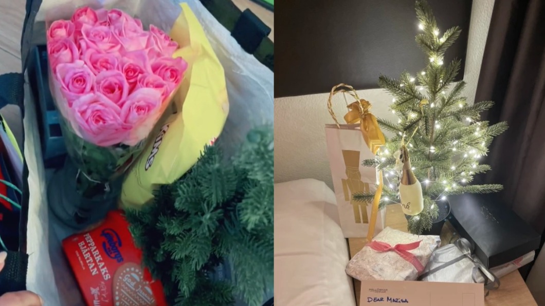 冰島航空的空服員還為芙蒂奧送上耶誕樹、花束。(圖/翻攝自marisaefotieo TikTok)