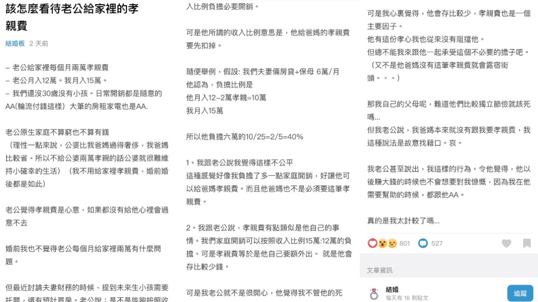 原PO以「該怎麼看待老公給家裡的孝親費」為題發文，引來網友熱議。（圖／擷取自Dcard）