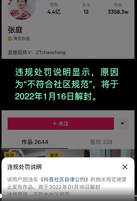 張庭音該帳號因違反抖音社區自律公約遭禁止發布作品。(圖/翻攝自微博)