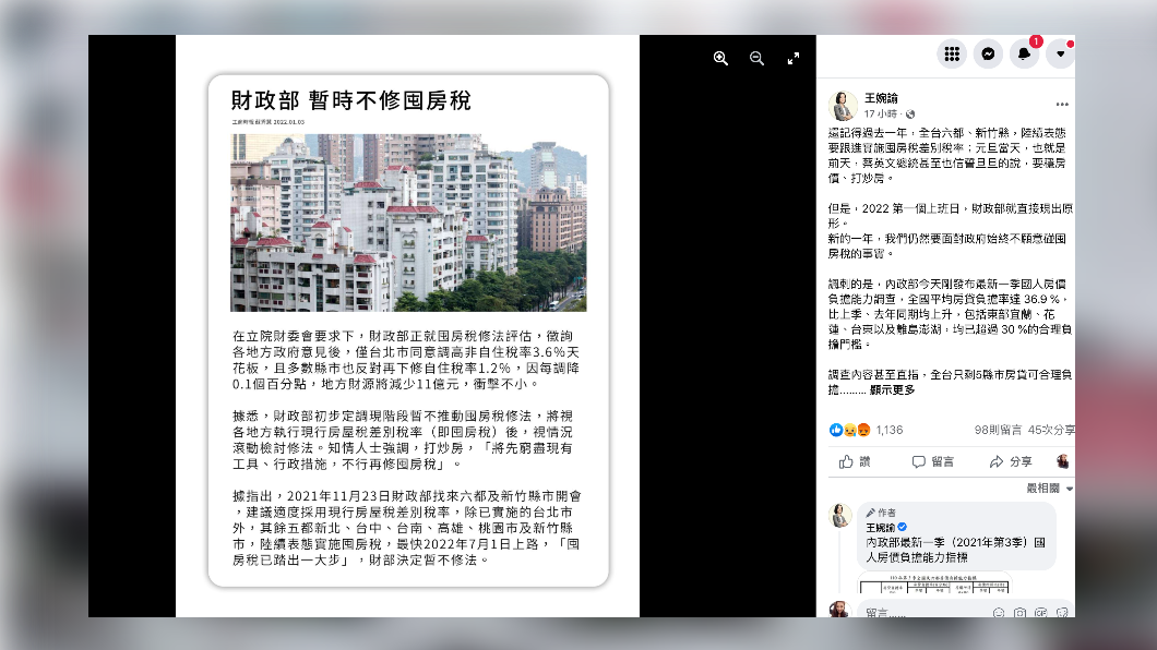 王婉諭批政府，才說要打房就宣布囤房稅不修法。（圖／翻攝王婉諭臉書）