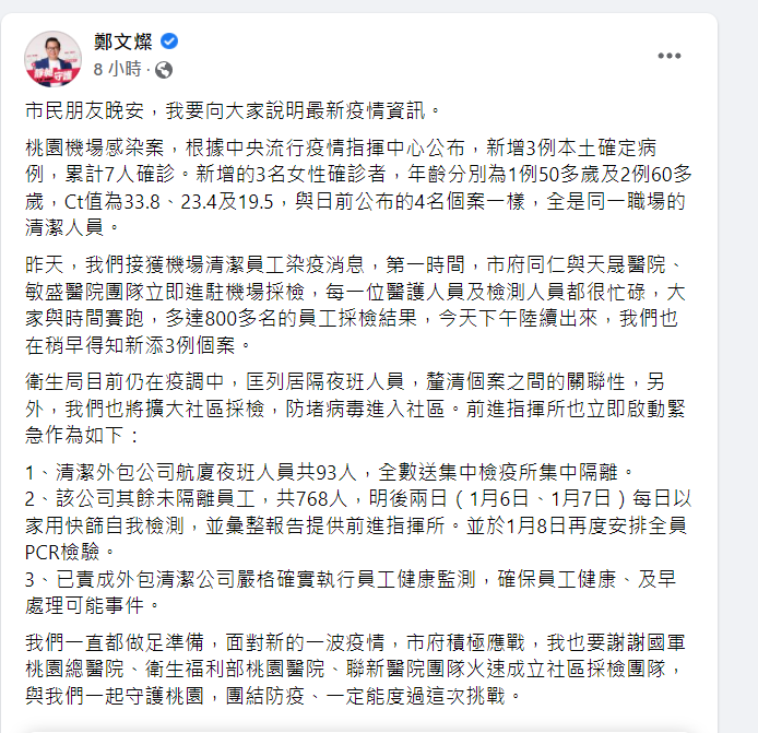 桃機確診再+3,鄭文燦深夜回應。(圖/翻攝鄭文燦臉書)