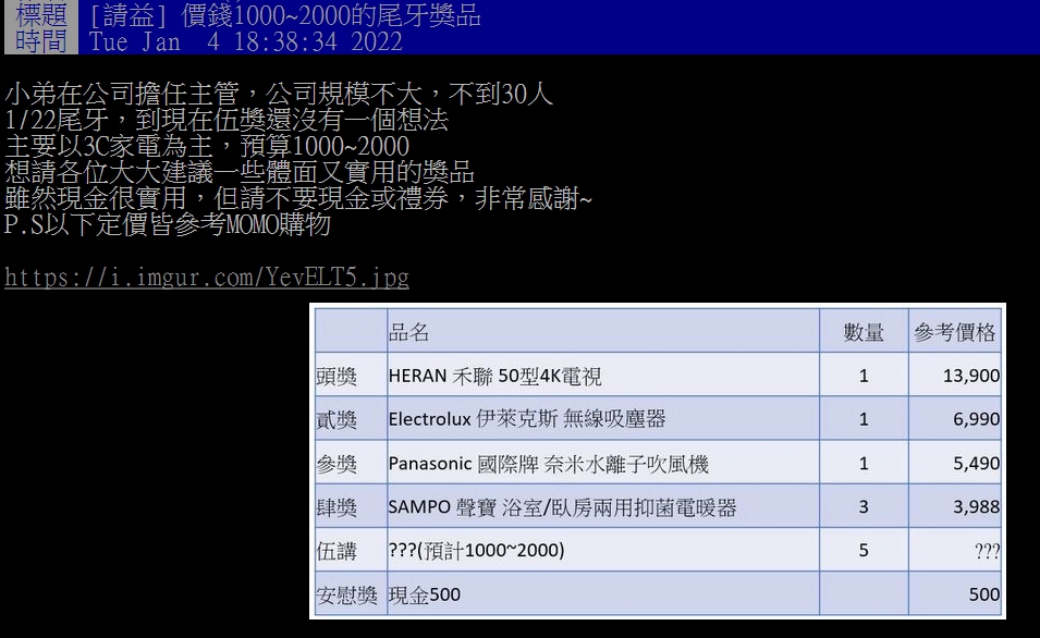 網友提問價值2千的獎品有什麼。(圖/翻攝自PTT)