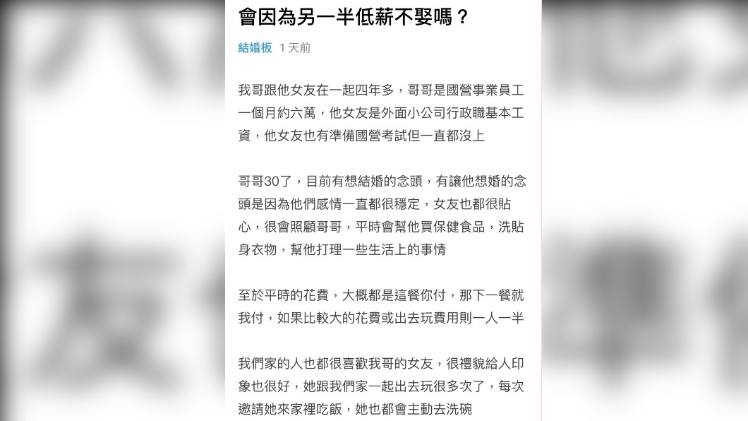 原PO很納悶,因為薪水低就會影響結婚嗎。(圖/翻攝自Dcard)