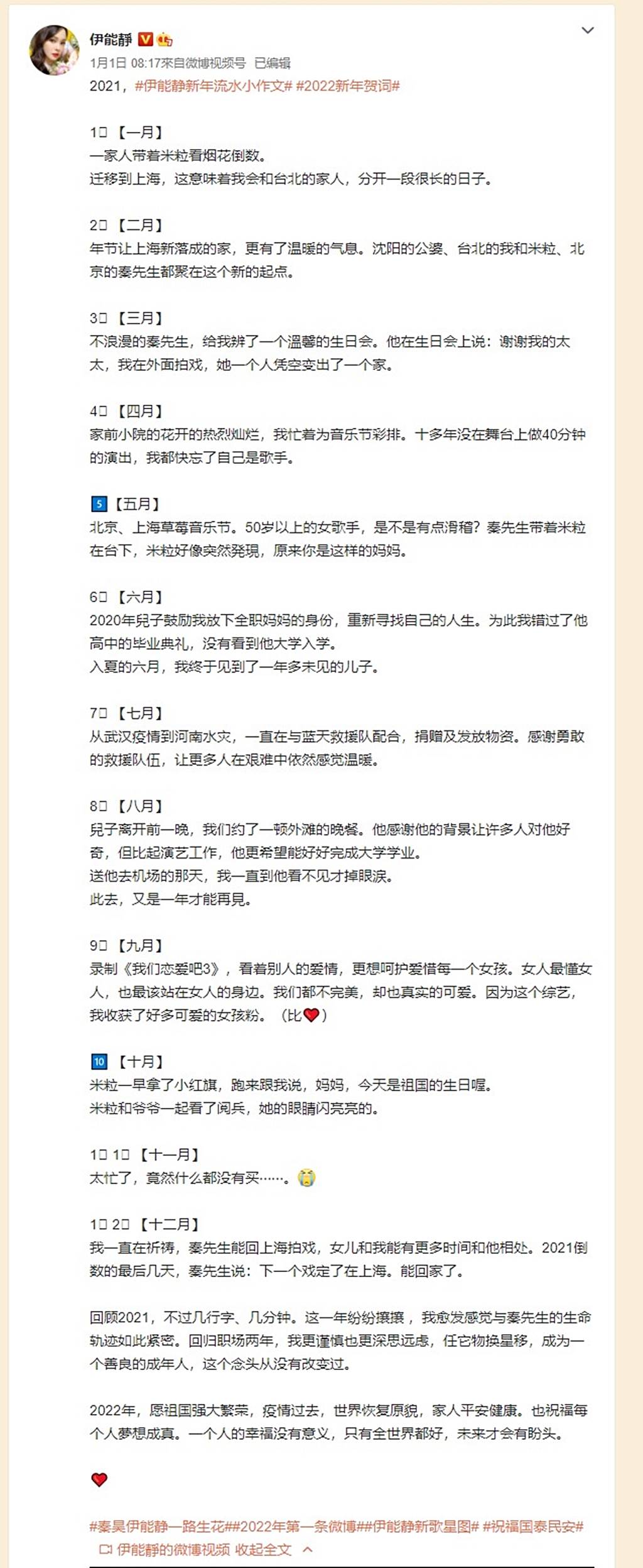 伊能靜發文回顧2021年。 (圖/翻攝自伊能靜微博)