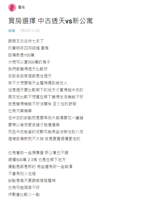 網友苦惱該選中古透天還是新公寓。（圖／翻攝自Dcard）