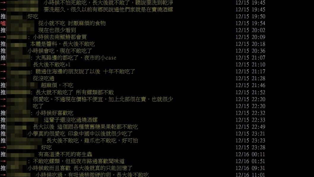許多網友都是小時候敢吃燒酒螺,長大不敢。(圖/翻攝自PTT)
