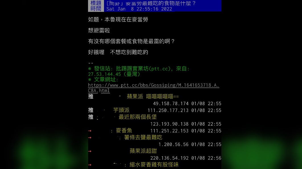 有網友問大家覺得麥當勞哪樣產品最雷。（圖／翻攝自PPT）