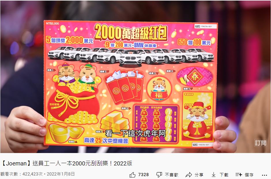 刮刮樂頭獎2000萬。（圖／翻攝自《Joeman》YouTube）