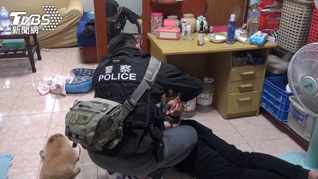 警方逮捕毒品通緝犯,當場喝令「趴下」,狗狗也跟著四肢貼地不敢動。(圖/警方提供)