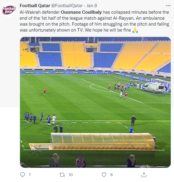 救護車直接開進場載走庫里巴利。（圖／翻攝自@FootballQatar推特）