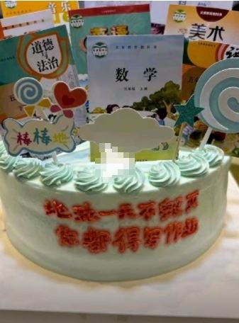 江蘇徐州一名人母日前幫兒子準備一個插滿課本的生日蛋糕。(圖/翻攝自西部決策微博)