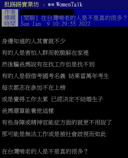 網友好奇,「台灣啃老的人是不是真的很多」。(圖/翻攝自PTT)