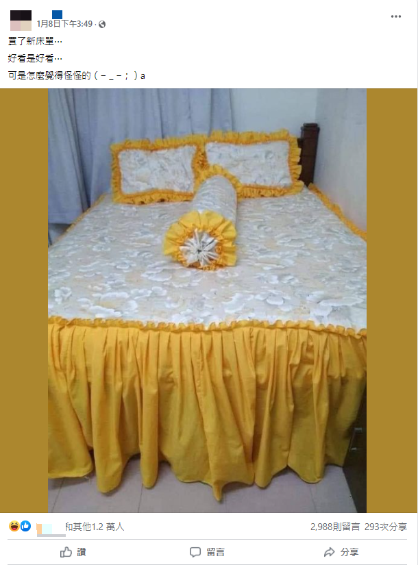 一名網友日前買了新的床單、枕頭套與抱枕，但樣式似乎怪怪的。（圖／翻攝自「爆廢公社公開版」）