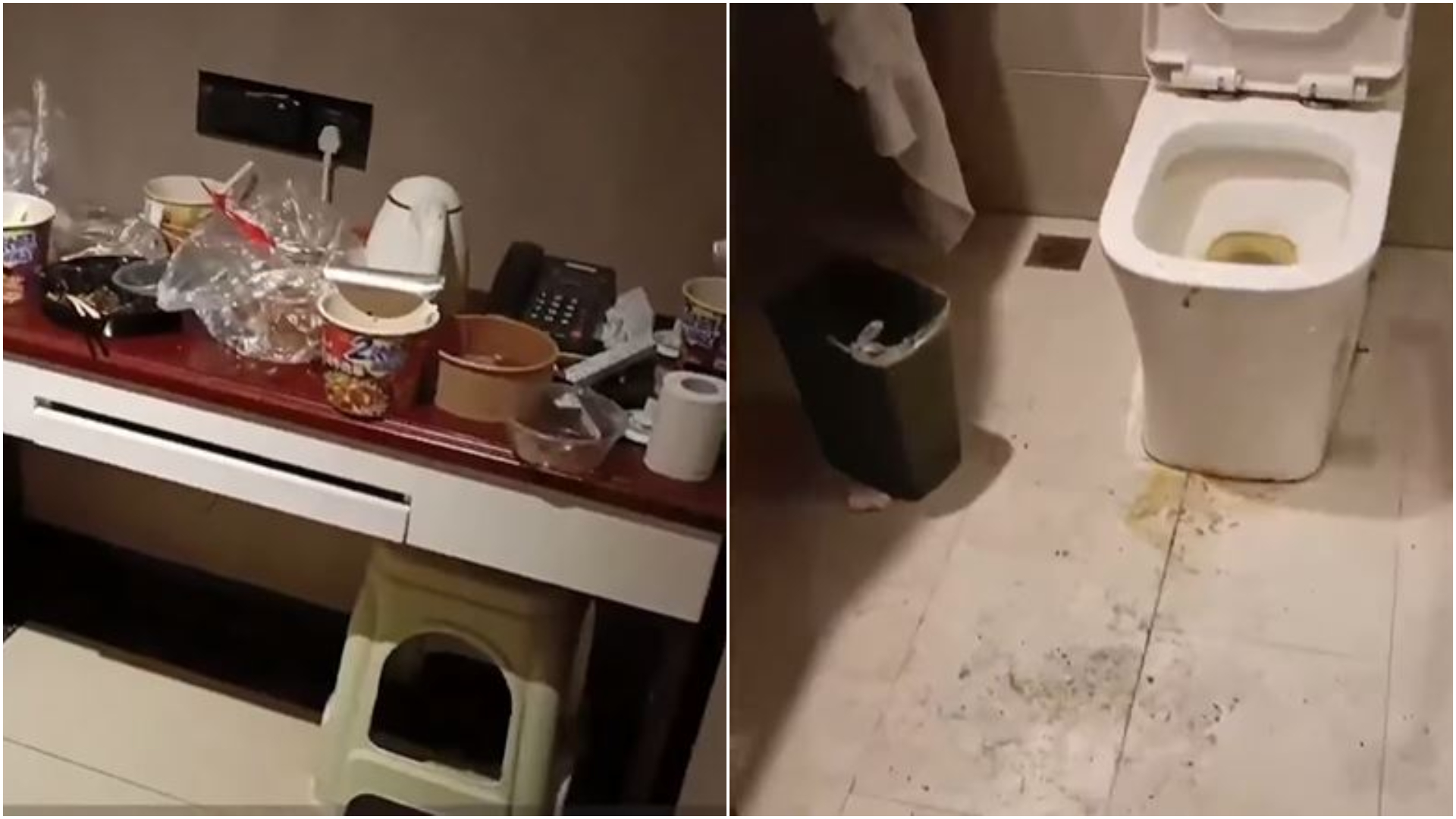 櫃子上全是他吃剩的食物和垃圾,上完廁所也不沖。(圖/翻攝自《極目新聞》)