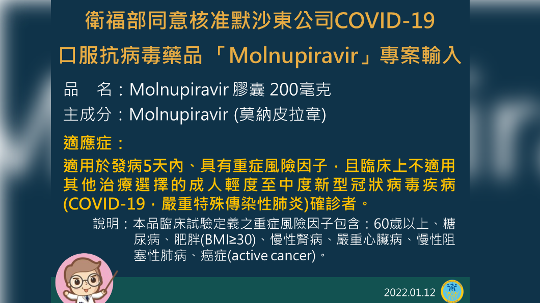 衛福部同意核准默沙東公司新冠口服抗病毒藥品專案輸入。(圖/中央流行疫情指揮中心)