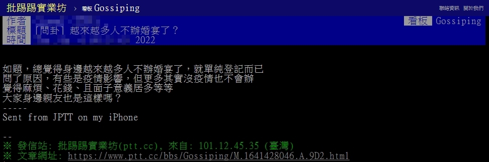 原PO以標題「越來越多人不辦婚宴了?」發文。(圖/翻攝自PTT)