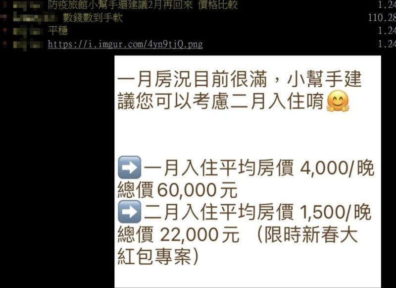防疫旅館1月和2月住宿價差驚人。(圖/翻攝自PTT)