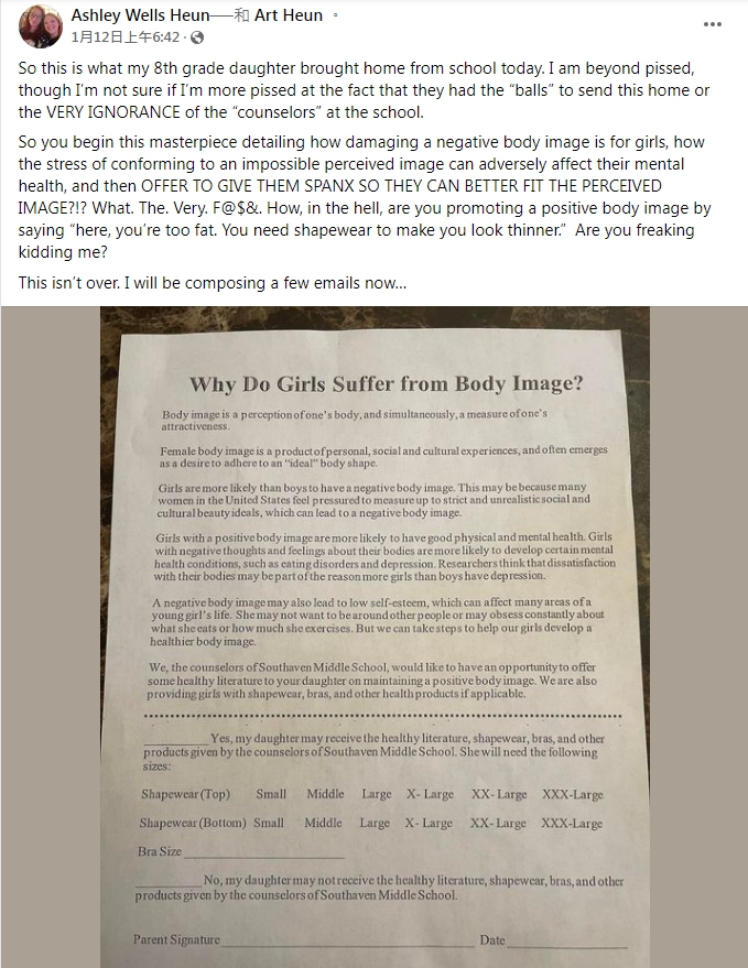 家長氣炸,將校方發下的通知單公開在社群平台上。(圖/翻攝自Ashley Wells Heun Facebook)