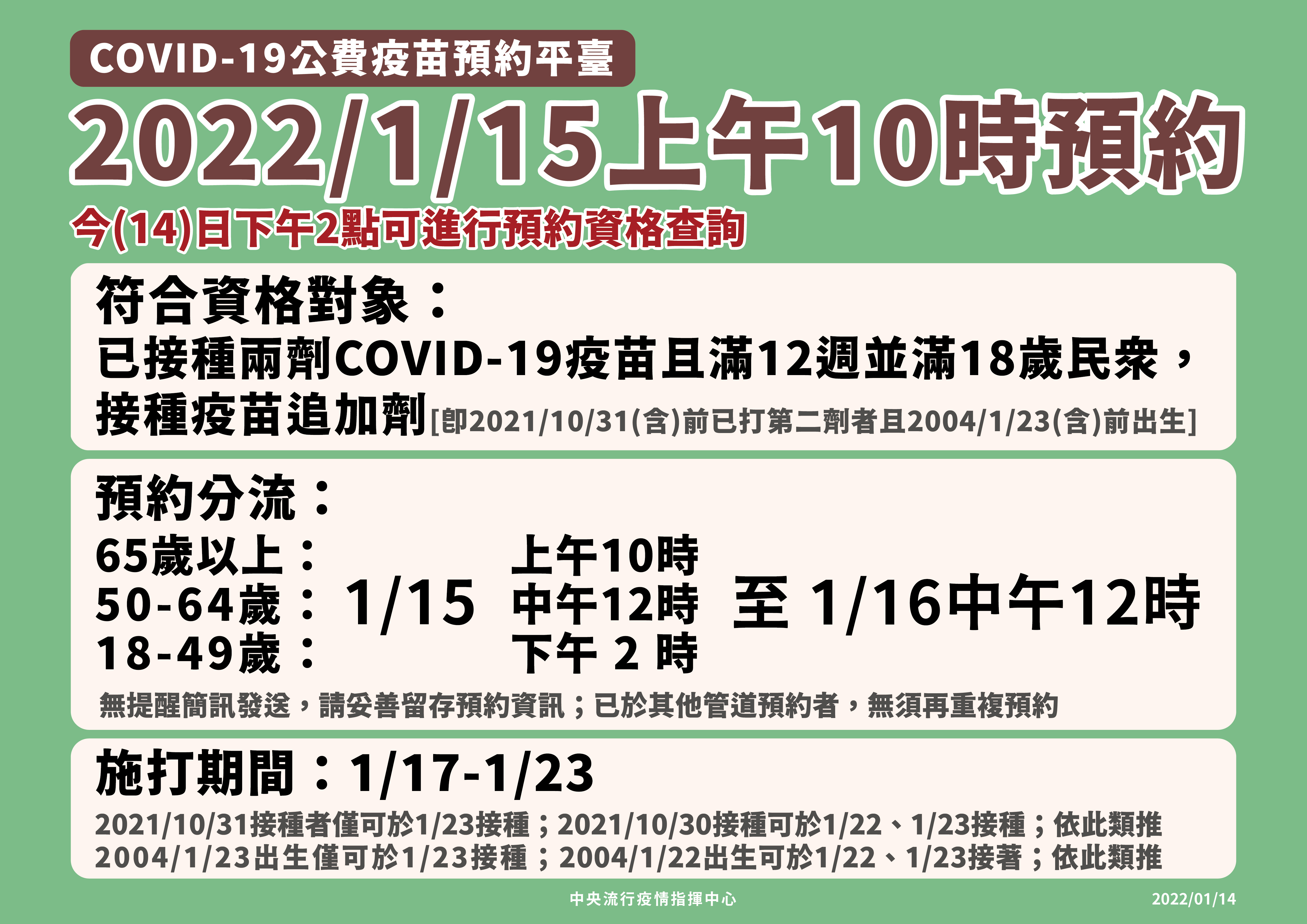 COVID-19公費疫苗預約平台將於明（15）日上午10時起限時重啟。（圖／指揮中心）