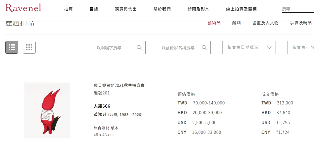 小鬼遺作最終結標價為31萬2千元。(圖/翻攝自羅芙奧拍賣網)