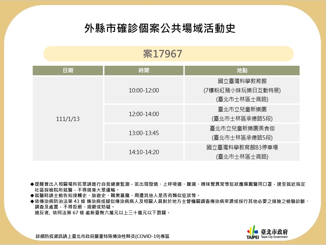 台北市政府公布相關足跡。(圖/台北市政府)