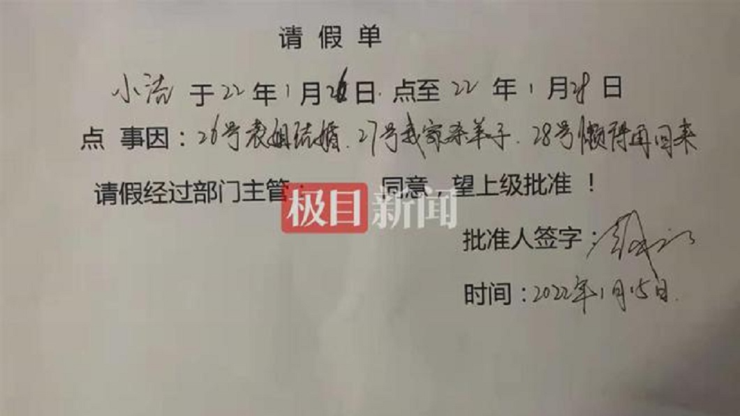 貴州一名妹子日前向公司提出農曆春節前再請3天假理由超霸氣。(圖/翻攝自極目新聞)
