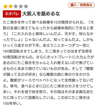 大阪網友留下2星負評，砲轟月乃露娜不會做章魚燒小瞧了大阪人。（圖／翻攝自《FANZA》）