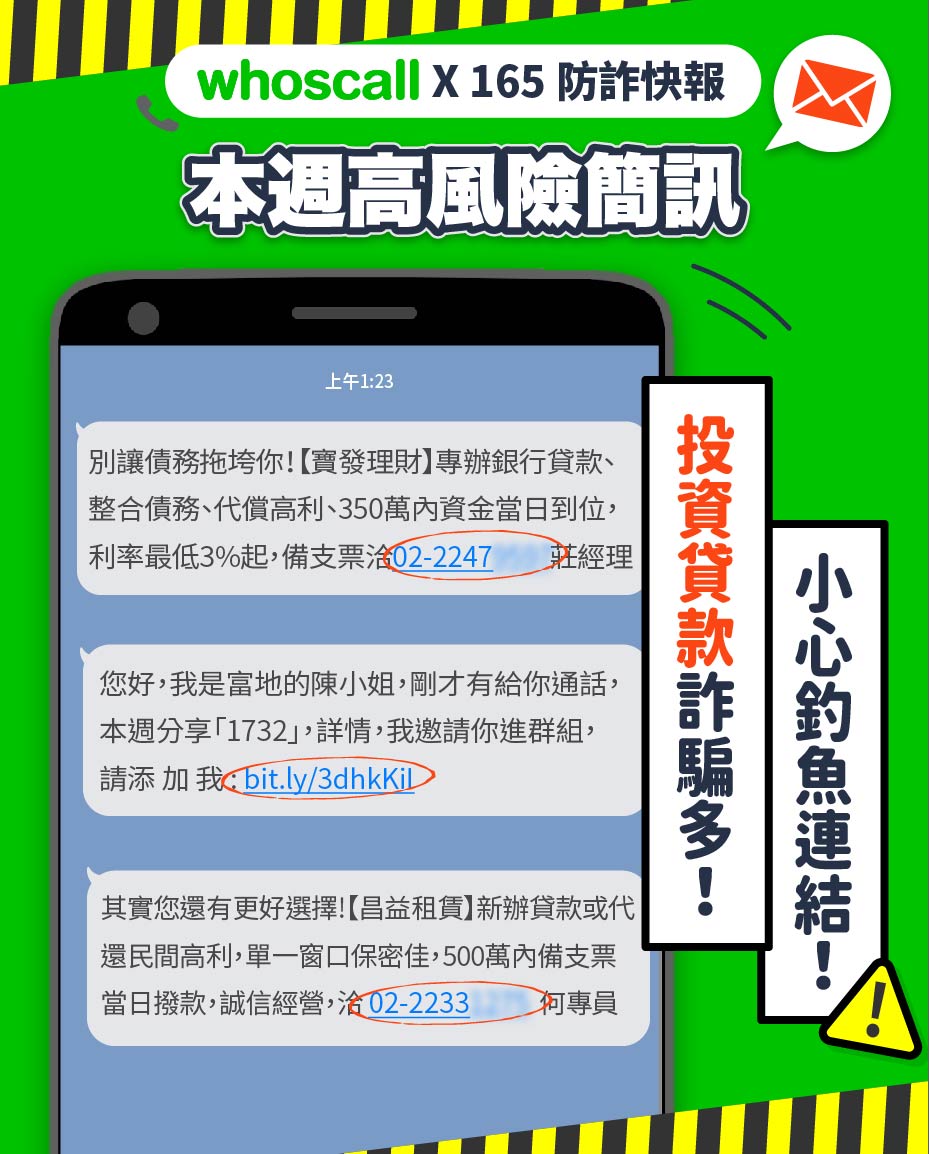 2021年股票詐騙簡訊超多。(圖/翻攝自Whoscall臉書)