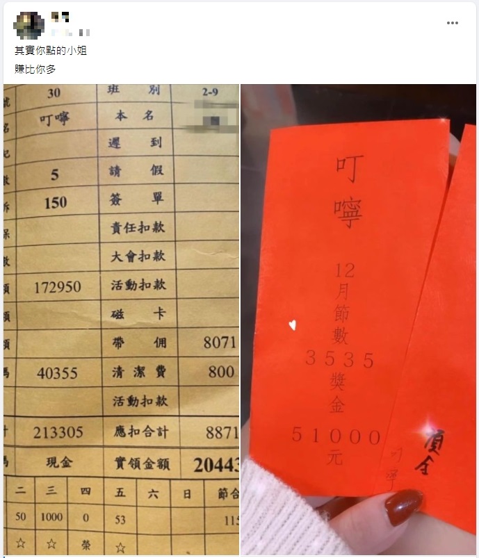 網友曬出酒店小姐的薪資單。(圖/翻攝自爆廢公社二館)
