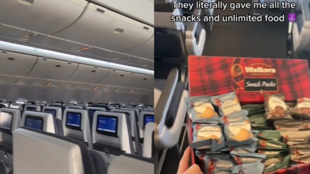 機上竟只有他一人!英男8小時旅程隨便躺 爽吃零食到飽