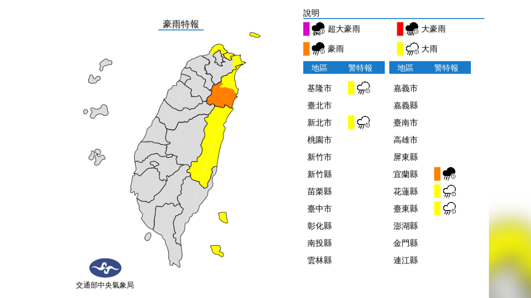氣象局今日針對5縣市發布豪、大雨特報。(圖/中央氣象局)