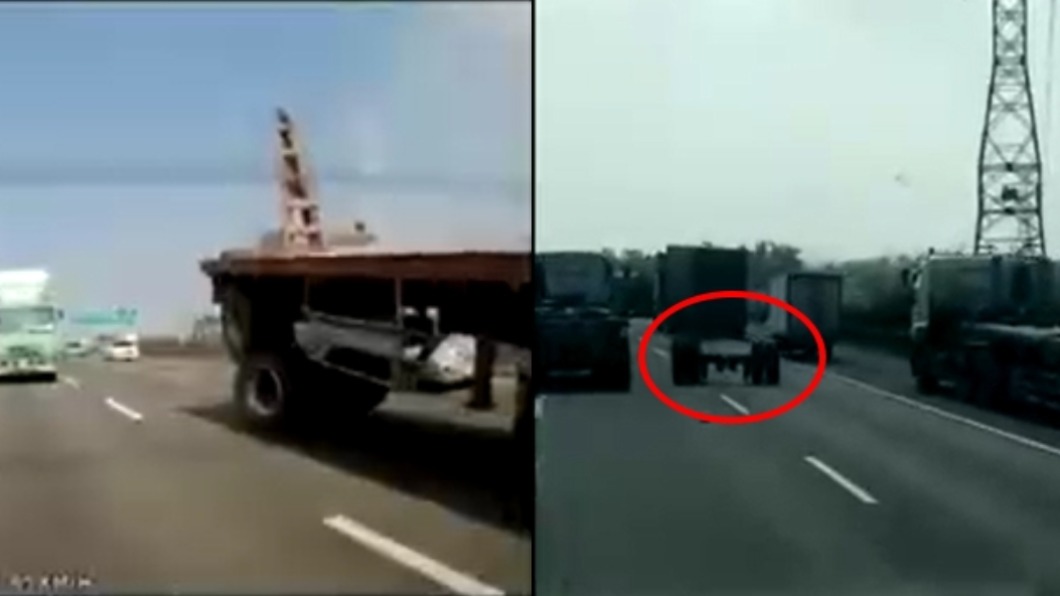 驚險!曳引車國道「輪胎組」脫落 一路滾險砸後車