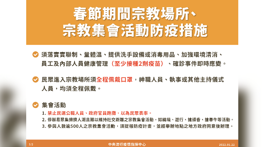 春節期間宗教場所、宗教集會活動防疫措施。(圖/中央流行疫情指揮中心)