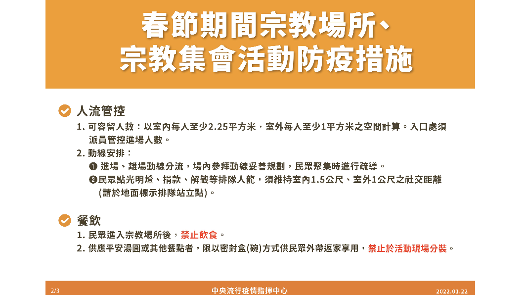 春節期間宗教場所、宗教集會活動防疫措施。(圖/中央流行疫情指揮中心)