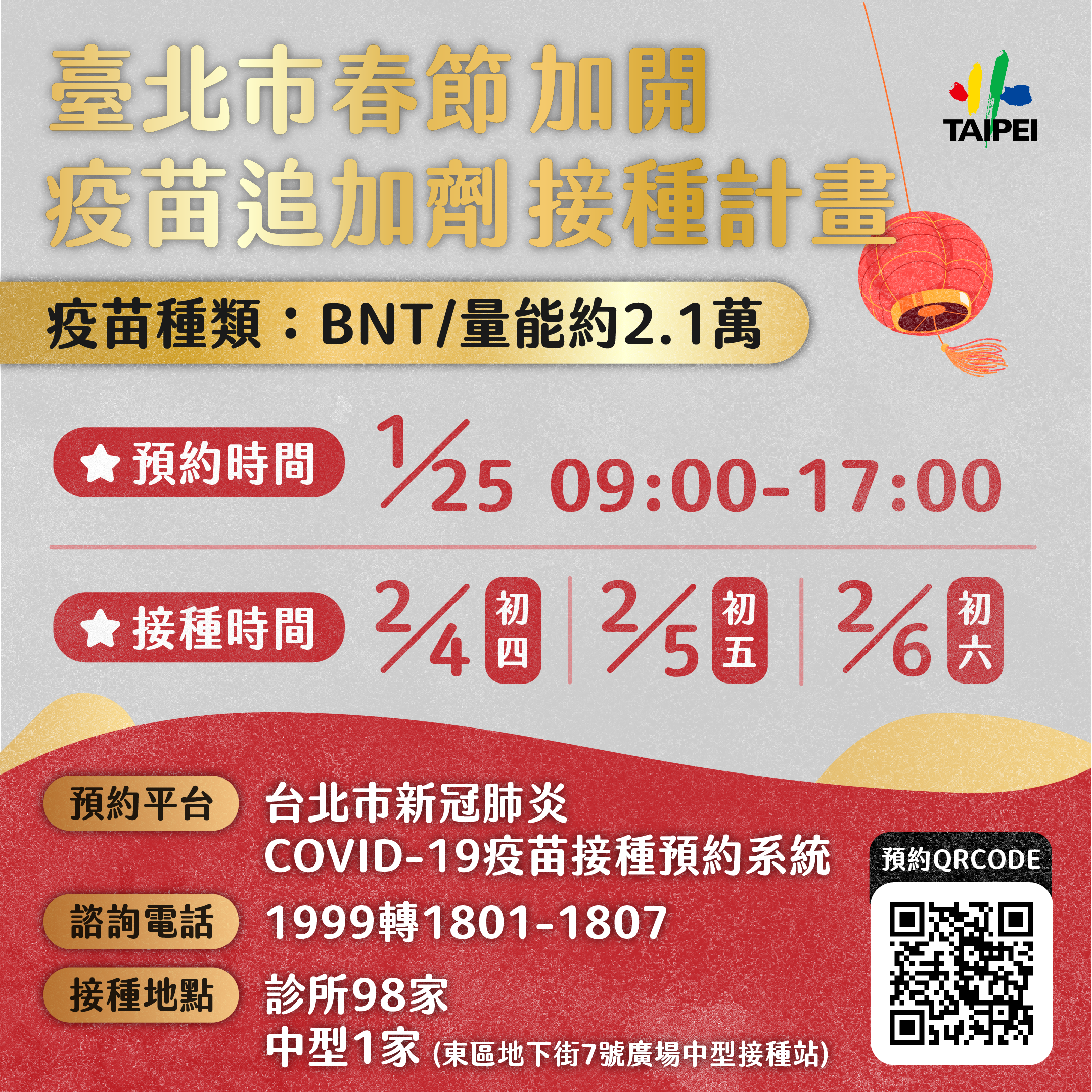 北市府將在明天上午9時開放民眾預約初四至初六施打疫苗。（圖／北市府提供）