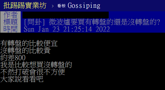 網友發文詢問，微波爐要買有轉盤的還是沒轉盤的。（圖／翻攝自PTT）