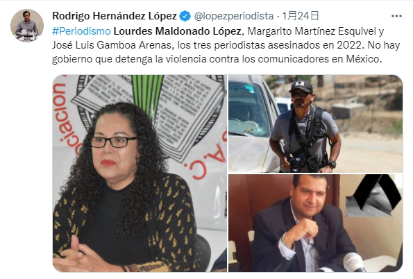 墨西哥記者公開今年1月遭謀殺的新聞工作者身分。(圖/翻攝自Rodrigo Hernández López 推特 @lopezperiodista)