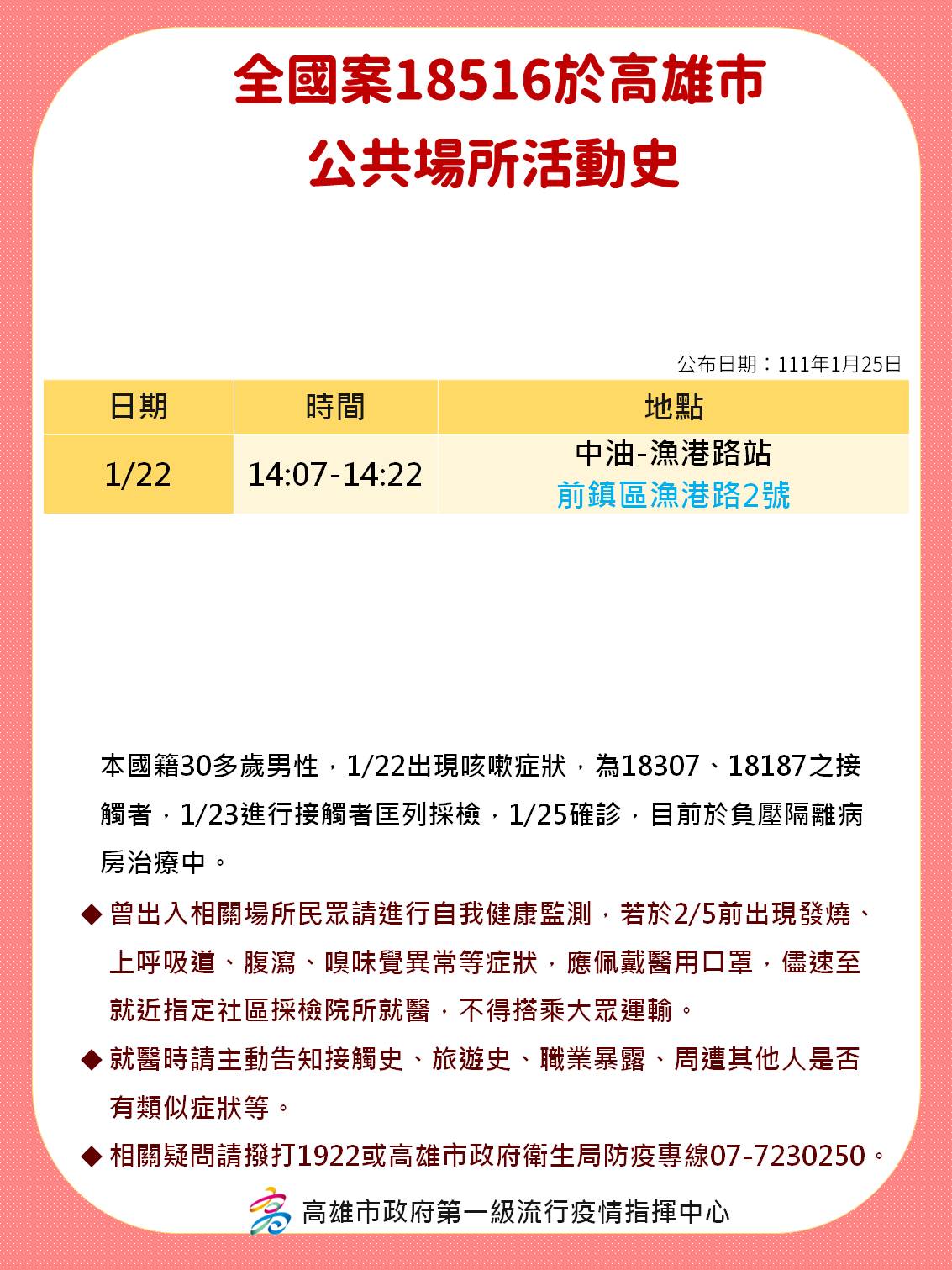 全國案18516於高雄公共場所活動史。（圖／高雄市政府）