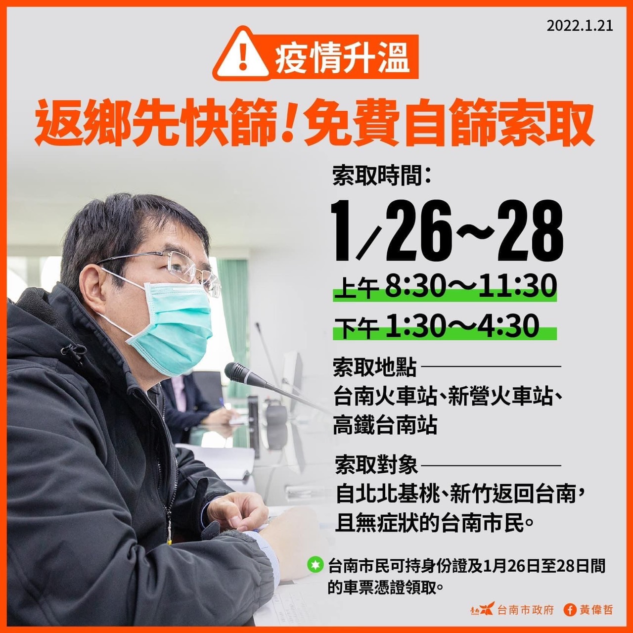 返鄉先快篩！免費自篩索取。（圖／台南市政府）