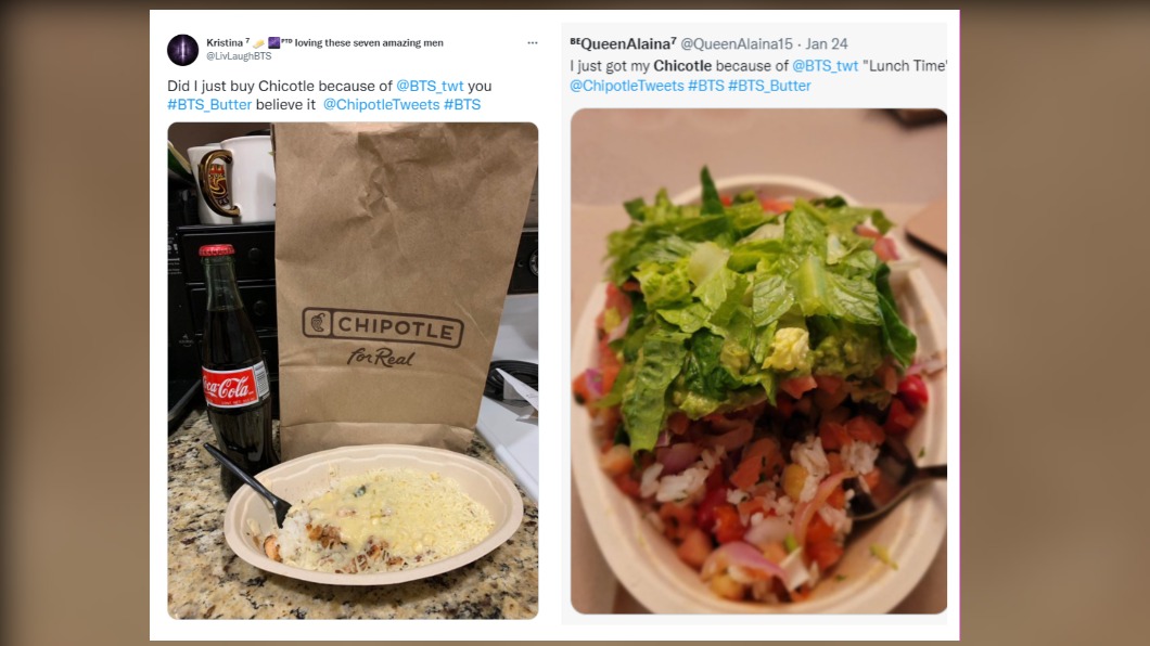 BTS上傳影片後，粉絲紛紛湧入Chipotle，想品嚐偶像品嚐過的滋味。（圖／翻攝自推特）