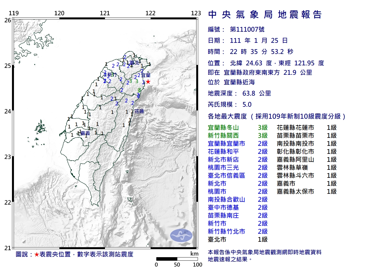宜蘭發生規模5.0地震。(圖/翻攝自中央氣象局)