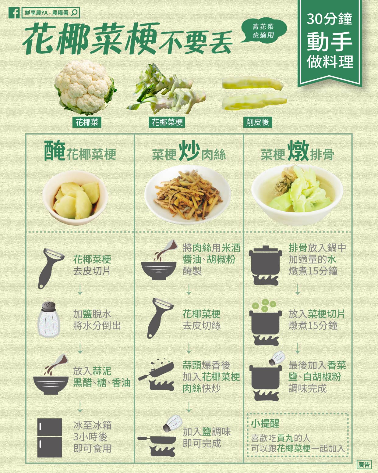 農糧署分享料理花椰菜梗的秘招。(圖/翻攝自農糧署臉書粉絲專頁)