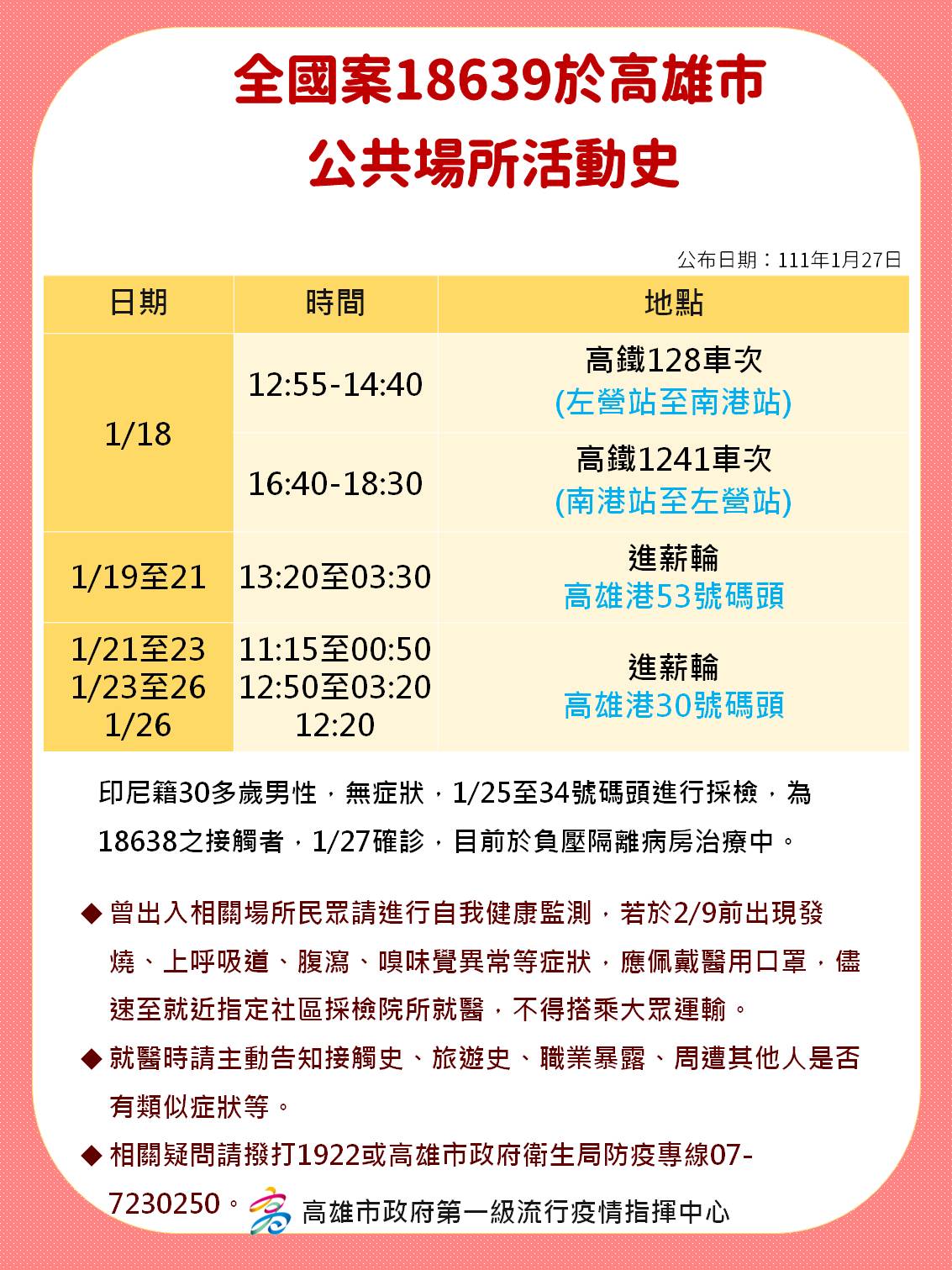 全國案18639於高雄市公共場所活動史。(圖/高雄市政府)
