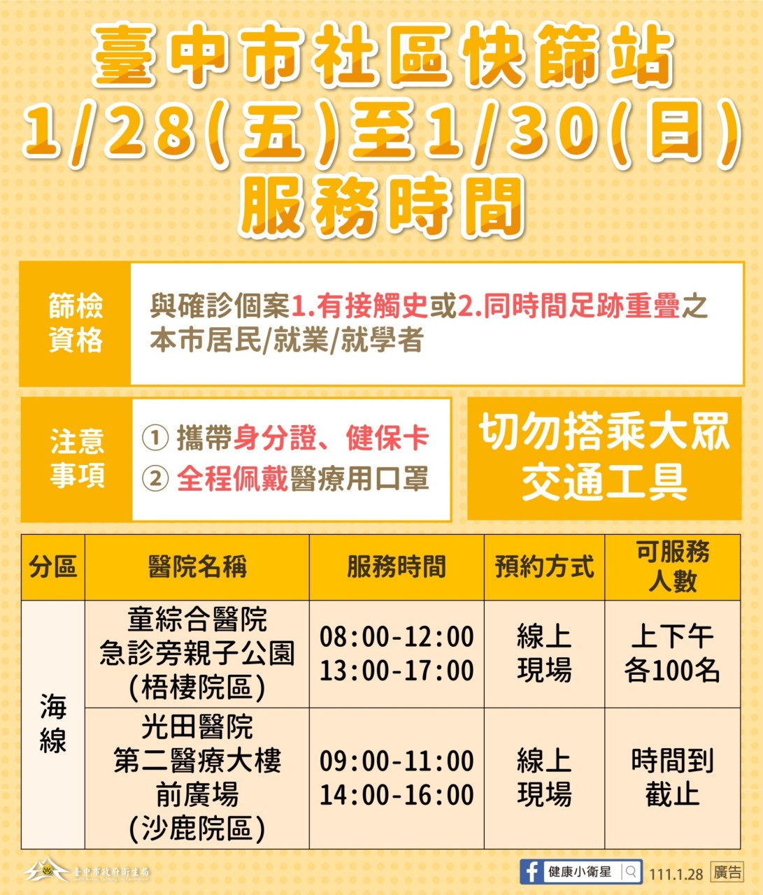 台中市社區快篩站服務時間。(圖/台中市政府)
