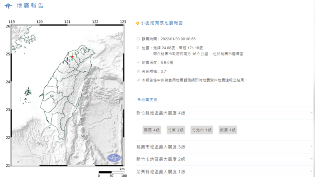桃園規模3.7地震　最大震度新竹縣4級