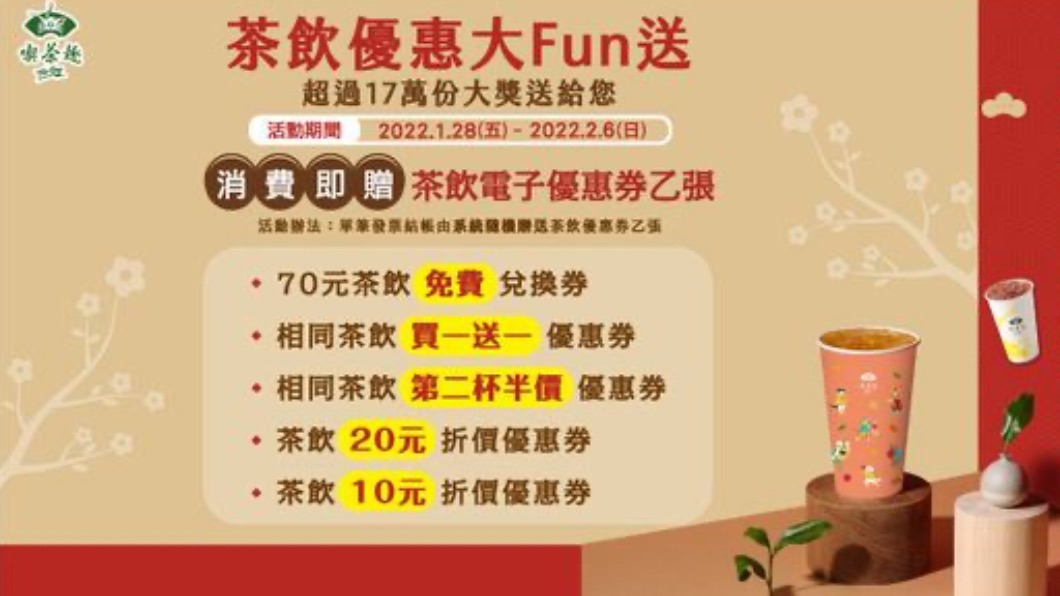 天仁茗茶喫茶趣推出「茶飲優惠大Fun送」活動。（圖／翻攝臉書粉專）