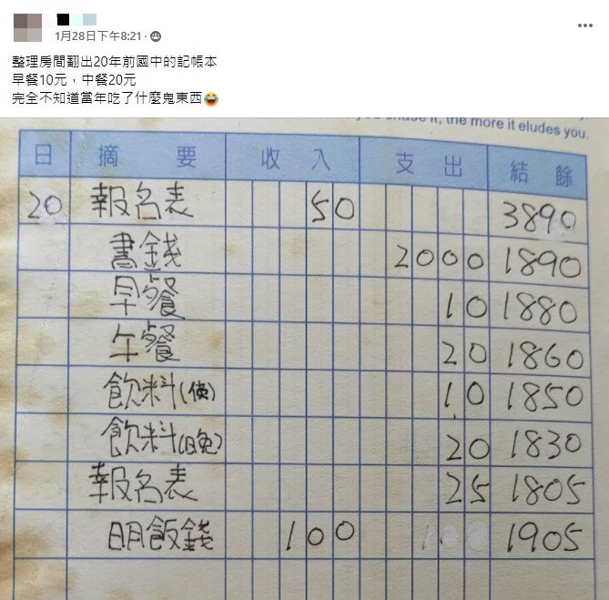 一名網友曬出20年前的記帳本。(圖/翻攝自爆廢公社)