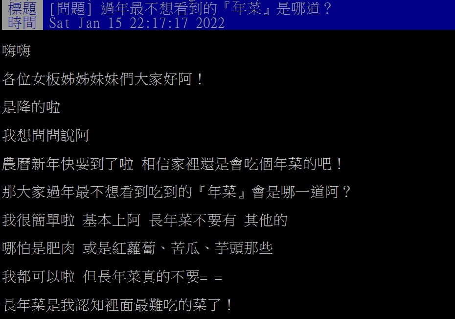 網友好奇哪一道年菜最不受歡迎。（圖／翻攝自PTT）