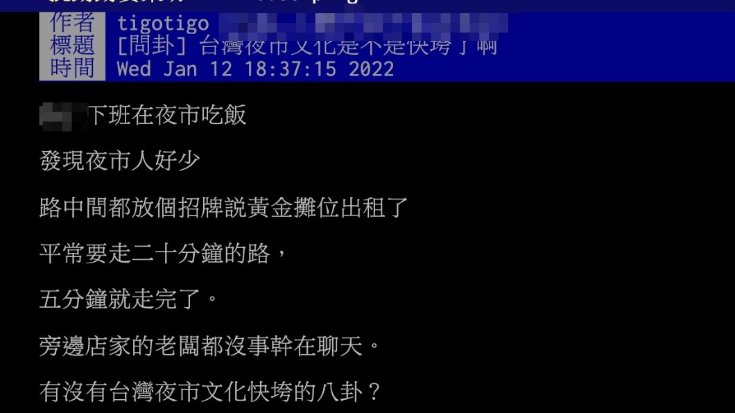 原PO詢問台灣夜市文化是否不如以往。(圖/翻攝自PTT)